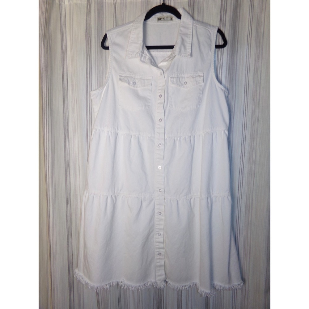 Luvamia Womens XL Dress White Denim Sleeveless Tiered Raw Hem Button Up Western